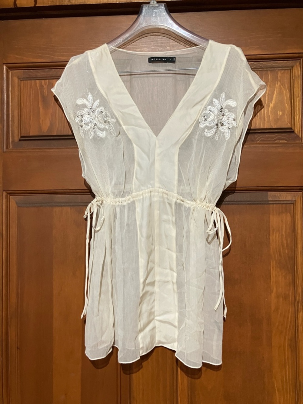 The Limited Sheer Cream V-Neck Tunic with Sequin Floral Appliqué